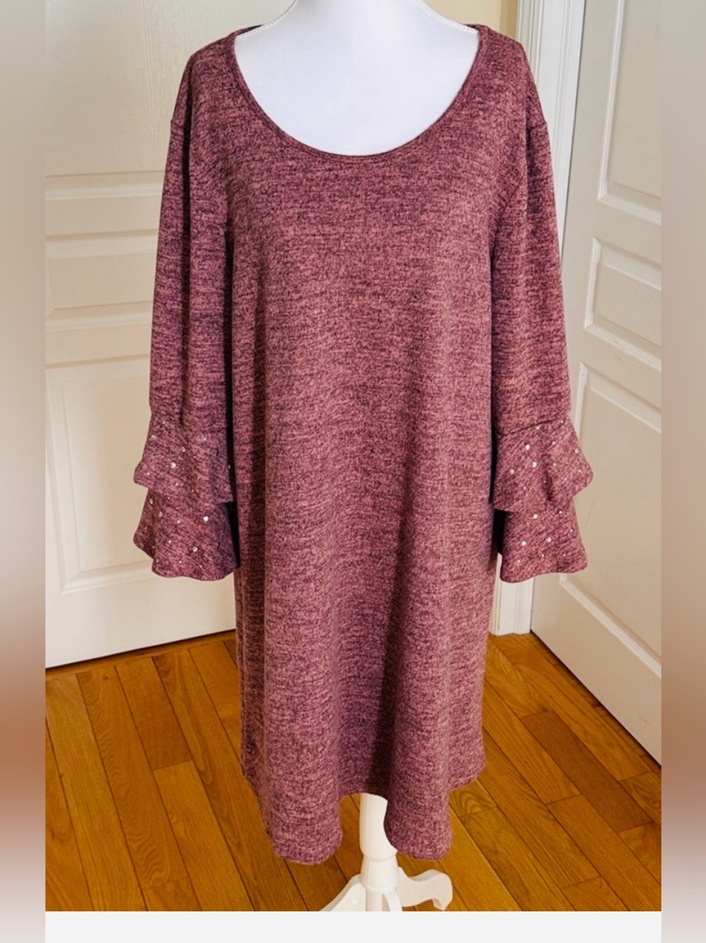 Tacera Maroon Beautiful Long Sleeve With Silver Studded Ruffle Design Midi Dress